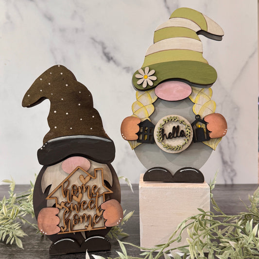 DIY Wooden Gnome Couple with Interchangeable Accents – Laser Cut Birch Decor (6” Tall)