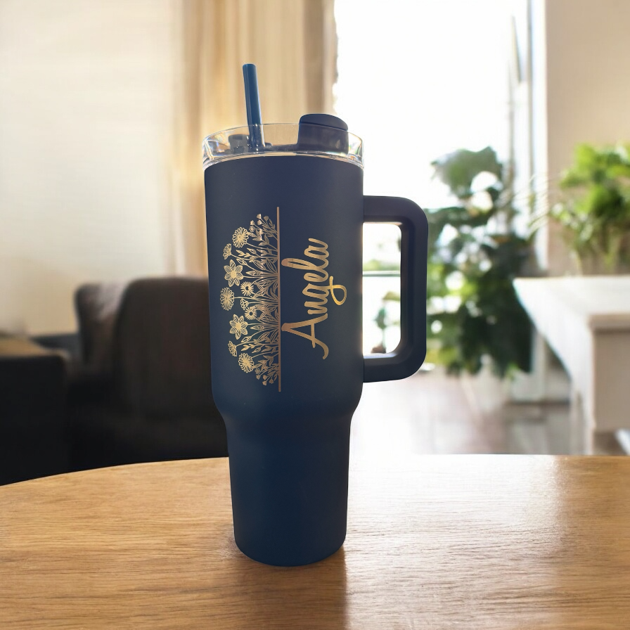 Personalized 40oz Tumbler with Handle & Straw, Laser Engraved Stainless Steel Tumbler,
