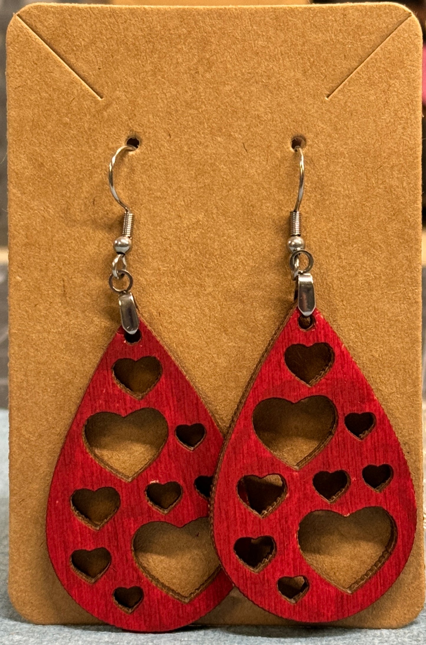 Wooden Heart Teardrop Earrings