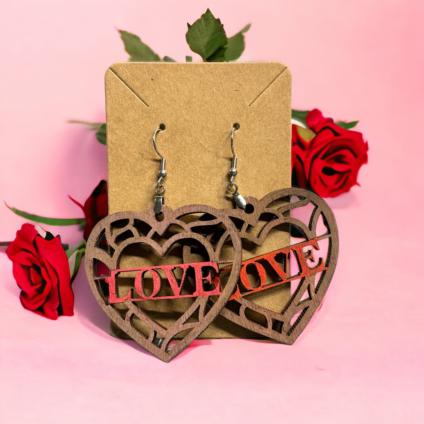 Wooden Heart Lace Pattern Earrings