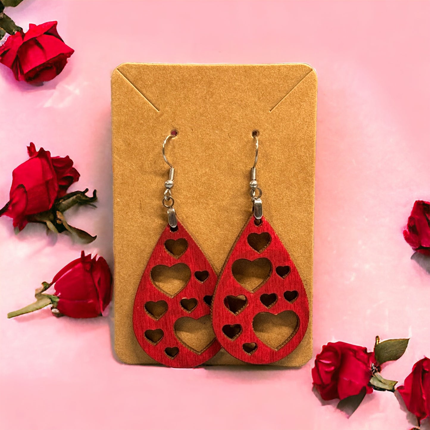 Wooden Heart Teardrop Earrings