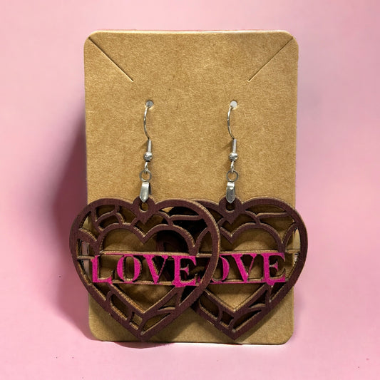 Wooden Heart Lace Pattern Earrings