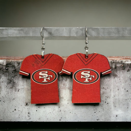 Wooden Football Jersey Earrings-- 49ers