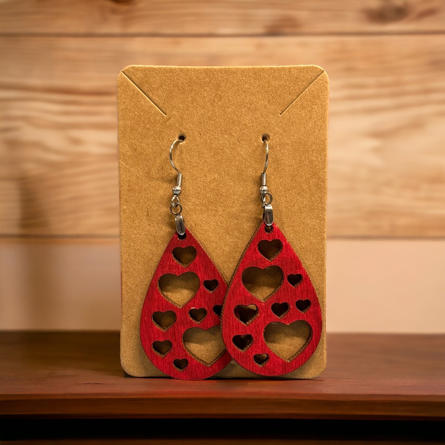 Wooden Heart Teardrop Earrings