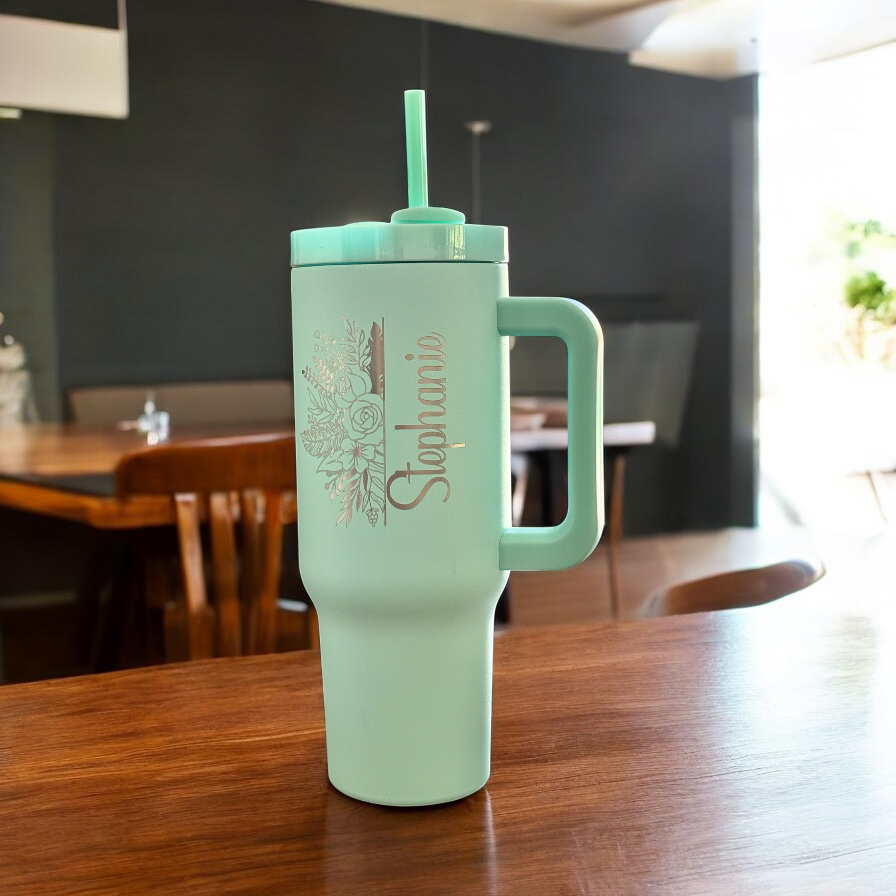 Personalized 40oz Tumbler with Handle & Straw, Laser Engraved Stainless Steel Tumbler,