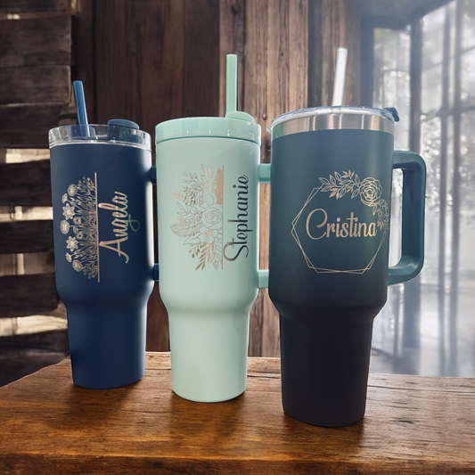 Personalized 40oz Tumbler with Handle & Straw, Laser Engraved Stainless Steel Tumbler,